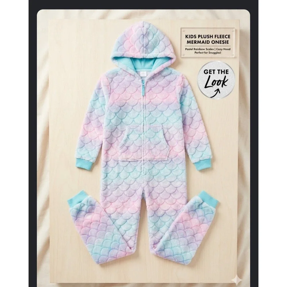 Cat & Jack Kids Plush Fleece Mermaid Scale Hooded Sleepsuit Rainbow L 10/12